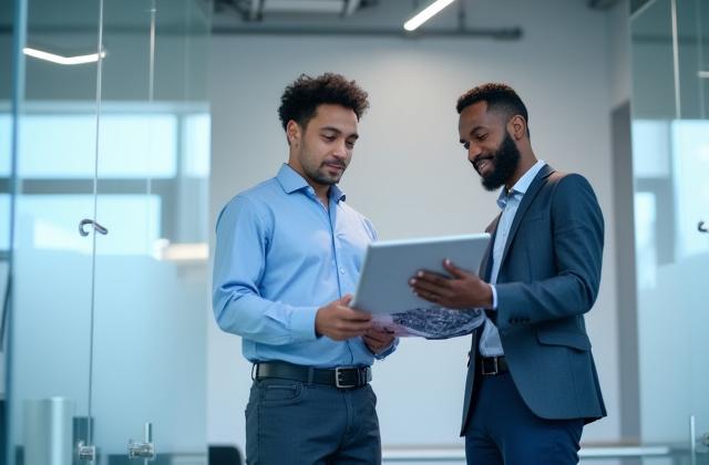 Consultants reviewing facility maintenance plans on a tablet