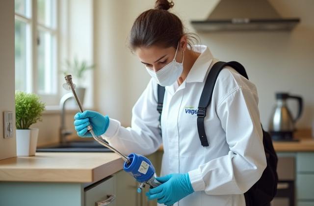 Pest control technician spraying for insects in a home
